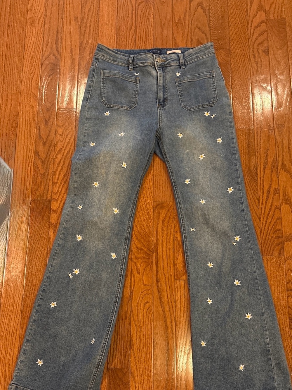 Angel Kiss Blue Denim Flare Jeans with White Floral Embroidery